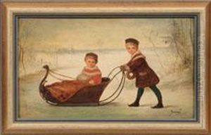 Kinderpaar Mit Schlitten Auf Dem Eis by Bela Ivanyi Grunwald