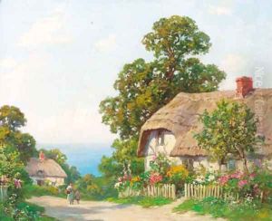 Figures before a thatched cottage