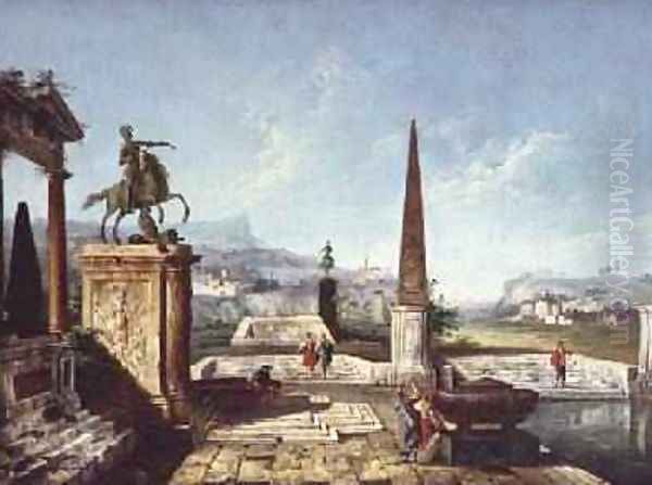 Capriccio of classical monuments obelisk with soldiers by a Pool and Mountains beyond - view 1