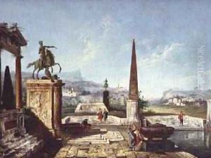 Capriccio of classical monuments obelisk with soldiers by a Pool and Mountains beyond by Michele Marieschi