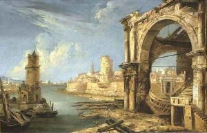 A capriccio of Roman buildings with a shipyard by a lagoon