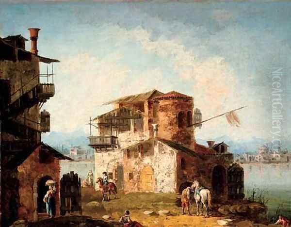 A capriccio with rustic houses and figures on horseback - view 1