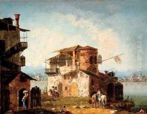A capriccio with rustic houses and figures on horseback by Michele Marieschi