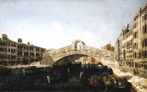 The Rialto Bridge, Venice, from the South, with the Fondamenta del Vin and the Fondamento del Ferro and numerous gondolas and barges by Michele Marieschi