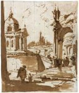 An Architectural Capriccio With A Church To The Left by Francesco Guardi