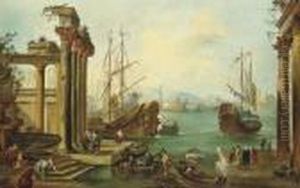 A Capriccio Of An Italianate
Harbour Bordered By Classical Ruins With Figures On The Quaiside by Francesco Guardi