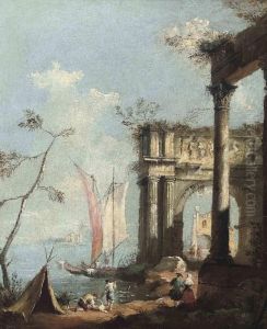 A Harbour Scene With An Elegant Couple Before Ruins