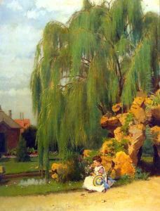 A Girl Arranging Flowers by a Willow
