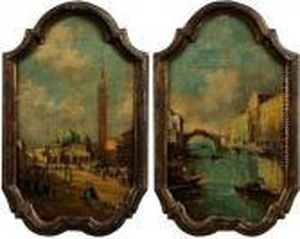 Pair Venetian Scenes: Market At Piazza S. Marco And Venetian Canal by Francesco Guardi