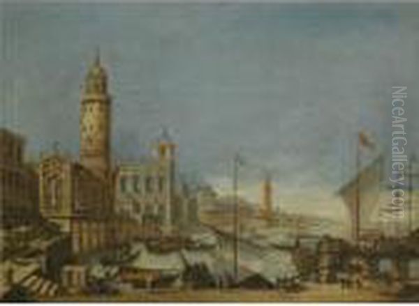 A Capriccio Harbour Scene With Figures Unloading Boats - view 1