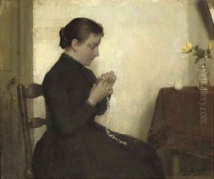 In haar zolderkamertje a young girl knitting by Willy Martens