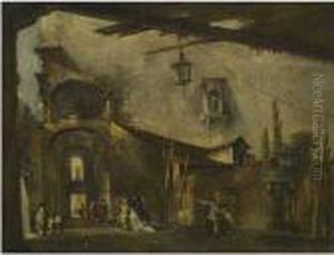 A Backstreet Scene With Elegant Figures Passing Through Anarchway