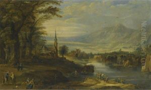 An Extensive Landscape With Fisherman On The Banks Of The River,a Church Beyond