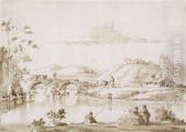 Fluslandschaft Mit Brucke Undanglern - view 1