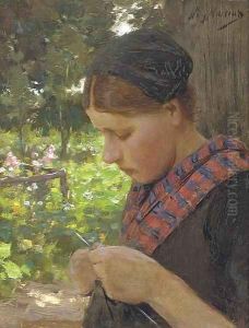 A girl knitting by Willy Martens