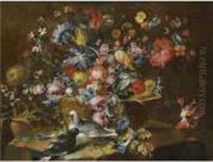 Still Life With An Array Of 
Flowers, Including Roses And Tulips, Ina Basket With Two Doves