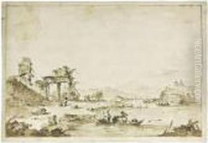 A Capriccio With Figures, An Island To The Right And A Boatin The Foreground by Francesco Guardi