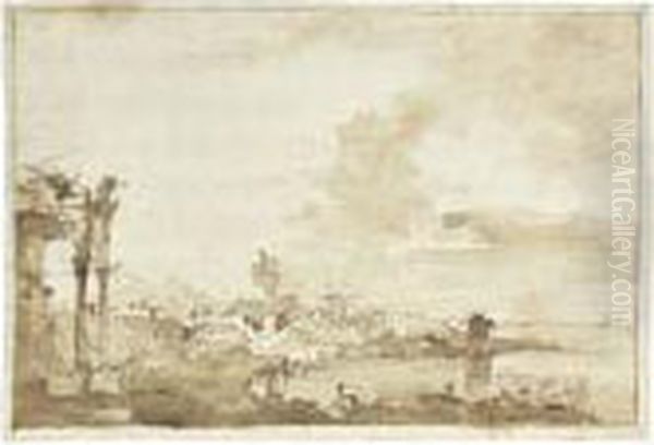 A Capriccio With Figures By A
Shore, A Ruined Arch To The Right,and Other Buildings And A Bridge - view 1