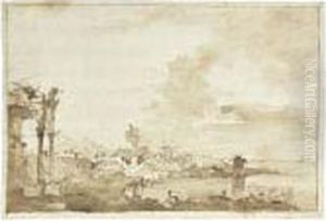A Capriccio With Figures By A
Shore, A Ruined Arch To The Right,and Other Buildings And A Bridge A Capriccio With Figures By A
Shore, A Ruined Arch To The Right,and Other Buildings And A Bridge