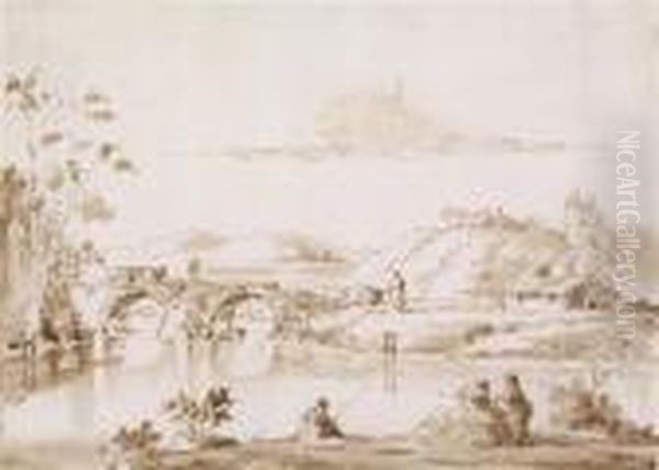 Fluslandschaft Mit Brucke Und Anglern - view 1