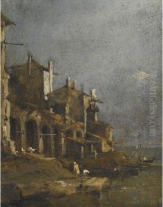 A Capriccio Coastal Landscape With Figures On The Shore Beneath Anarcade by Francesco Guardi