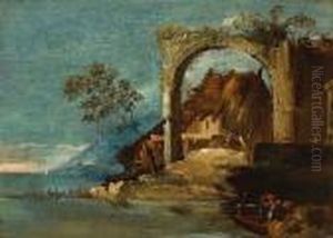 A View Of A Rocky Coast With Ruins And A Fisherman In A Boat In The Foreground by Francesco Guardi