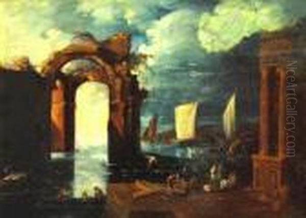 Figures With Shipping By Italianate Ruins In An Arcadian Landscape - view 1