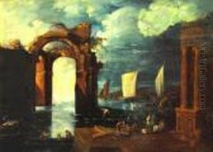 Figures With Shipping By Italianate Ruins In An Arcadian Landscape