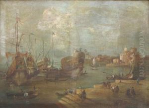 Venetian Scene With Ceremonial Barges At Anchor by Francesco Guardi