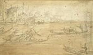 Venetian Scene With Gondolas Pen by Francesco Guardi