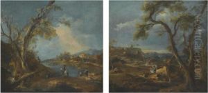 A Pair Of Capriccio River Landscapes With Figures In The Foreground by Francesco Guardi