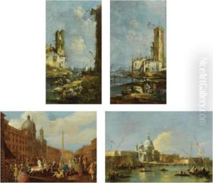 A Pair Of Italianate Harbour
Scenes, With Small Vessels, And Numerous Figures On The Quays by Francesco Guardi