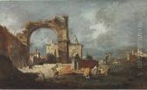 A Capriccio With A Ruined Arch And A Villa Beyond, Figures In Theforeground by Francesco Guardi
