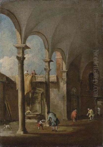 A Capriccio Of An Arcade In A Courtyard, With A Man Talking To Aboy And Other Figures - view 1