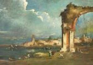 A Coastal Landscape With Figures Near A Ruined Arch. A Walled Townbeyond