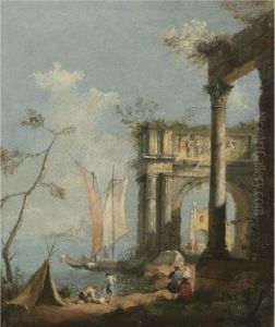 A Venetian Architectural Capriccio With Fishermen And Elegant Figures In The Foreground by Francesco Guardi