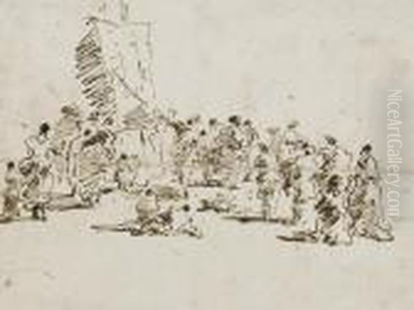 Une Foule De Personnages Autour
D'un Homme Pointant Son Baton Sur Un Chevalet (recto); Etudes D'elements
Architecturaux (verso) - view 1