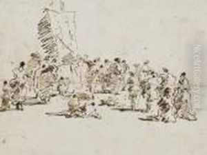 Une Foule De Personnages Autour 
D'un Homme Pointant Son Baton Sur Un Chevalet (recto); Etudes D'elements
 Architecturaux (verso)
