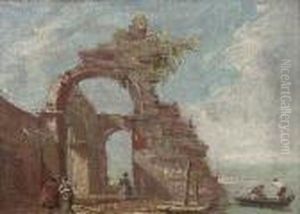 A Capriccio With Figures Under An Arch, And Figures In A Boat On The Lagoon by Francesco Guardi