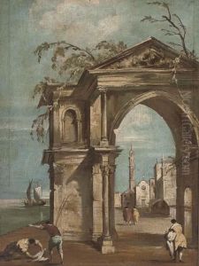 A Venetian Capriccio With Figures By A Classical Arch A Venetian Capriccio With Figures By A Classical Arch