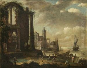 "capriccio", Stimmungsvolle Kustenlandschaft Mit Stadtansicht
Ruine, Booten Und Reicher Personenstaffage
