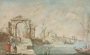 A Lagoon Scene With Figures On The Banks Before A Ruined Arch