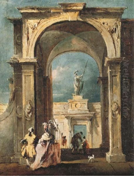 A Capriccio With An Elegant
Couple Approaching An Arch Descendingto A Doorway Surmounted By A Statue
Of Minerva - view 1