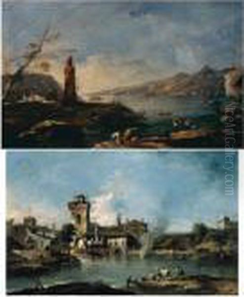 A Capriccio Landscape With A
Rustic Village And Medieval Tower, A Fire In The Middle-ground, And A
Herder Driving Cattle Towards A River; A Capriccio Landscape With A
Rustic Tower By A Lake, Figures Loading Their Wares On A Boat In The
Foreground - view 1
