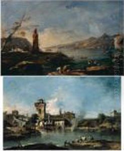 A Capriccio Landscape With A
Rustic Village And Medieval Tower, A Fire In The Middle-ground, And A
Herder Driving Cattle Towards A River; A Capriccio Landscape With A
Rustic Tower By A Lake, Figures Loading Their Wares On A Boat In The
Foreground by Francesco Guardi
