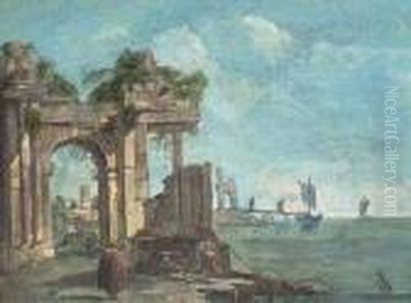 A Capriccio Of A Mediterranean Harbour With Figures Amongstclassical Ruins - view 1