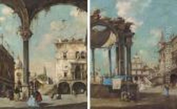 Elegant Figures Beneath Arches; And Figures By A Fountain In Asquare - view 1