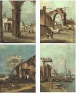 A Portico With A Church Beyond; A
Ruined Arch; A Rustic Cottage; A Port Scene With Ruined Columns by Francesco Guardi