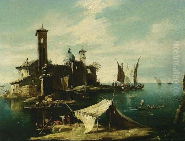 A Capriccio Of A Venetian Lagoon
With Fishermen In Gondolas In The Foreground And A Fortified Island
With A Church And Campaniles Nearby - view 1