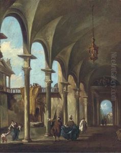 A Venetian Courtyard With Elegant Company Under A Colonnade by Francesco Guardi